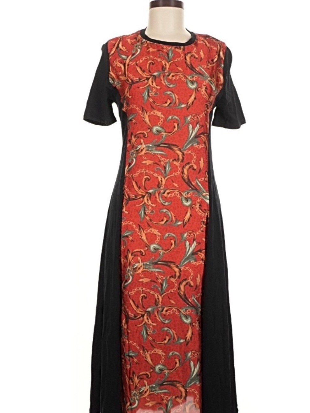 Black & Red Floral Panel Maxi Dress with Short Sleeves